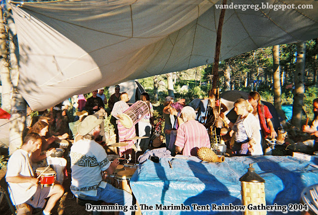 Drummers in the Marimba tent at the Rainbow Gathering California