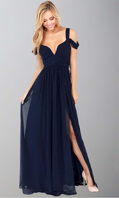 blue color maxi off the shoulder slit prom dress