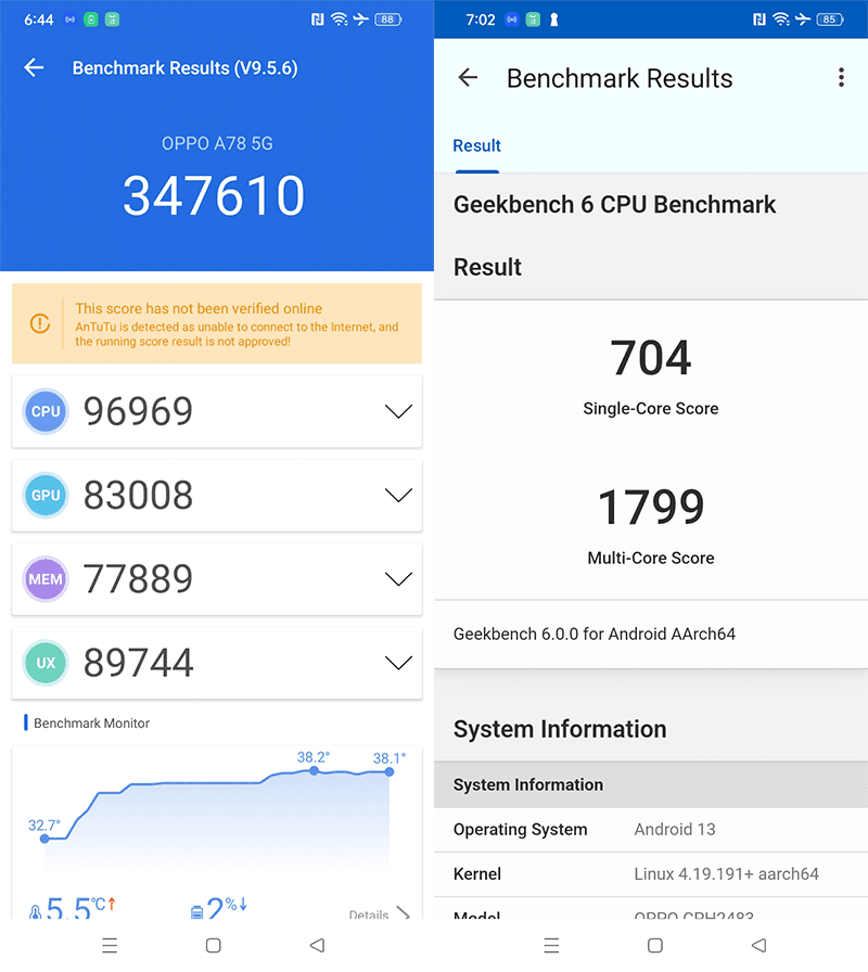 OPPO A78 5G AnTuTu and GeekBench