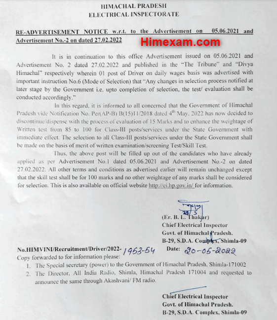 Important Notice For The Post Of Driver:- HP Electrical Inspectorate Department