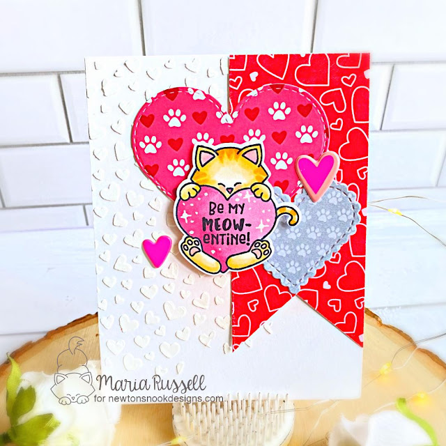 Valentine Cat Card by Maria Russell | Newton's Heart Stamp Set, Love & Meows Paper Pad, Petite Hearts Stencil and Heart Frames Die Set by Newton's Nook Designs