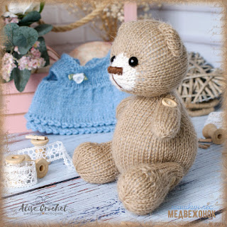 вязаная спицами игрушка медведь платье шерсть knitting toy bear dress wool tejer oso de juguete vestido de lana
