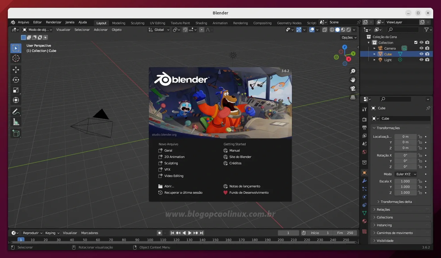 Blender executando no Ubuntu 23.10 (Mantic Minotaur)