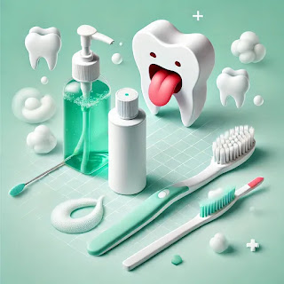 혀 클리너, 가글, 칫솔, 그리고 입냄새를 상징하는 증기 이미지가 담긴 구강 위생 도구 중심의 일러스트. 상쾌한 민트톤 배경으로 깨끗함을 강조함.