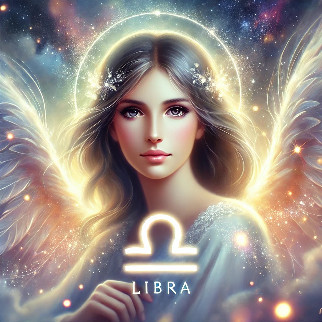 An angel with a gentle yet powerful gaze, inspiring Libra to communicate with love, honesty, and compassion.