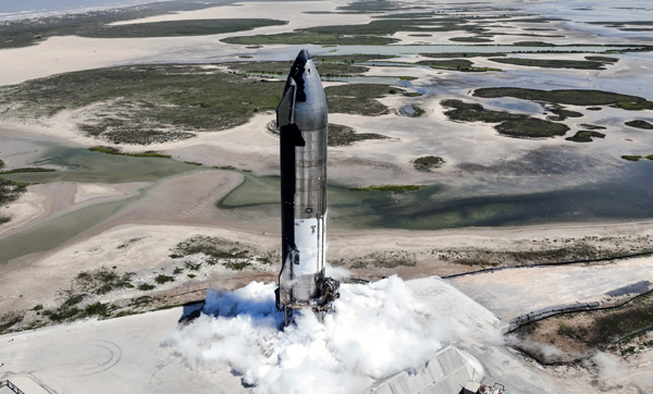 SpaceX's Starship 25 vehicle undergoes a chill and spin test of its Raptor 2 engine pumps at Starbase in Texas...on June 22, 2023.