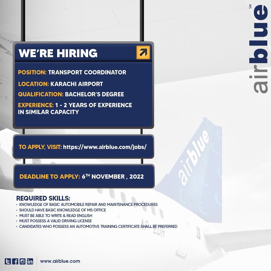 Latest Air Blue Airlines Jobs For Transport Coordinator
