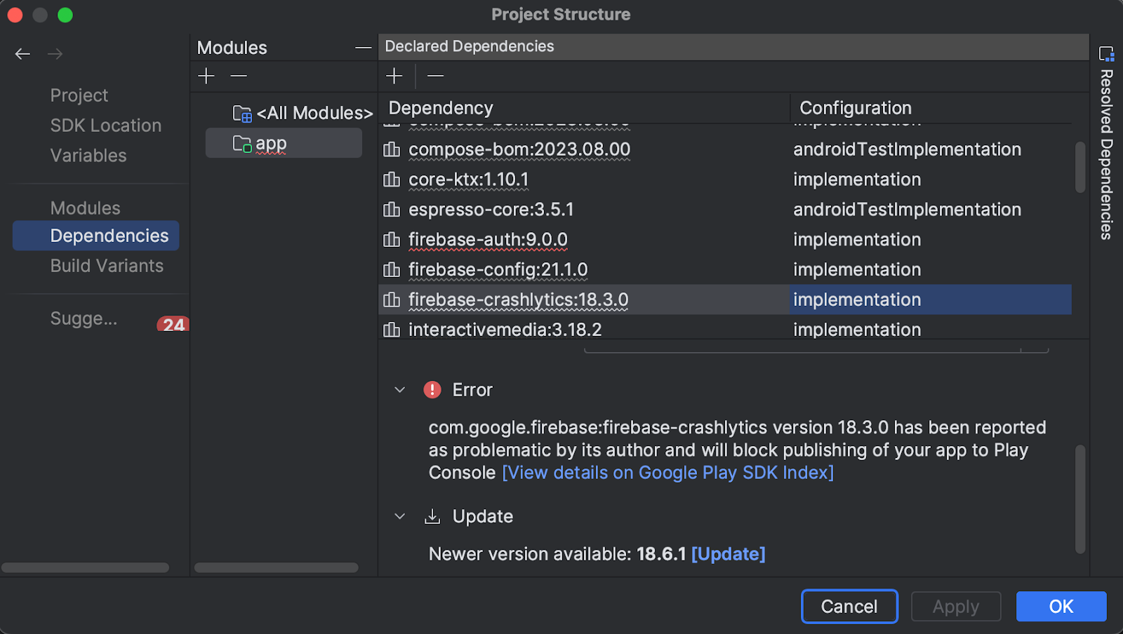 Android Studio's project structure dialog showing a warning from the Google Play SDK Index