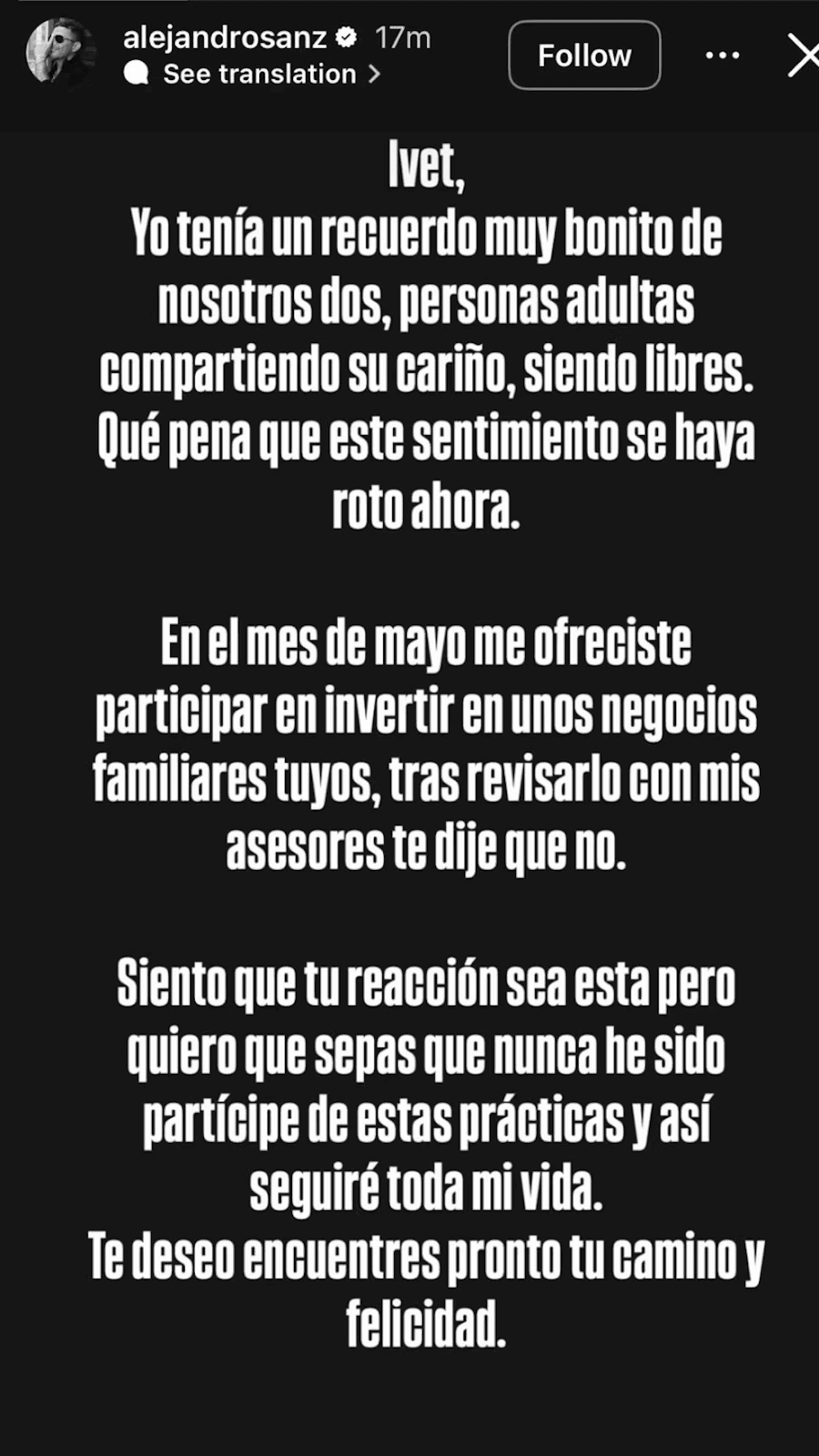 Captura del comunicado de Alejandro Sanz en redes sociales