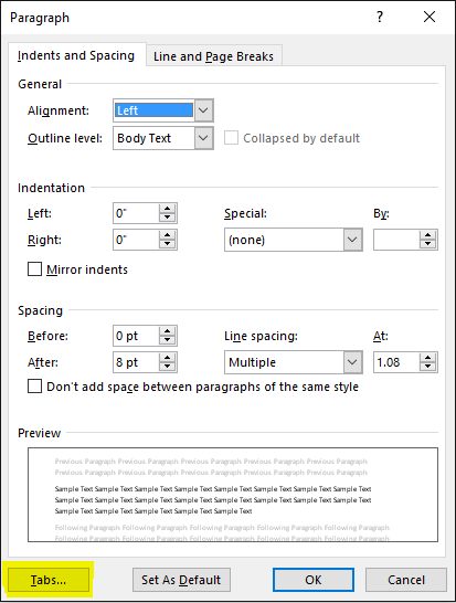 Tabs paragraph word