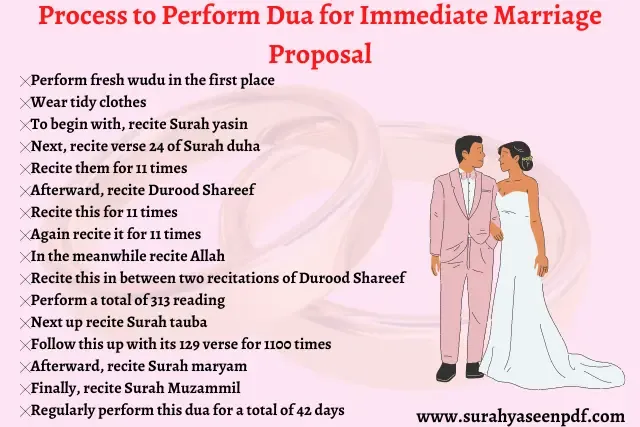 process to perform dua for immediate marriage proposal red and black text with girl boy on pink background image