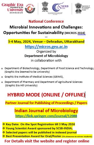 National Conference Microbial Innovations and Challenges: Opportunities for Sustainability (MICROS 2024) | 3-4 May 2024 | HYBRID MODE - Online/Offline Presentations 
