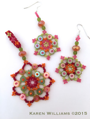 Summer beaded Snowflake Mandalas in red, orange, pink and lime green with sequins.  Pendant and necklace set by artist Karen Williams