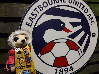 tranmerekat poses in fornt of a huge eastbourne united badge
