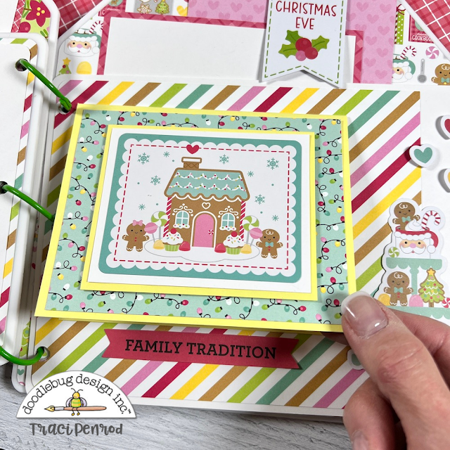 Christmas House Shaped Scrapbook Album page with a gingerbread house, candy stripes, and a photo mat