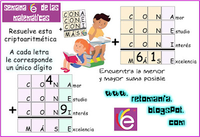 Criptoaritmética, Alfamética, Criptosuma, Retos matemáticos, Desafíos matemáticos, Problemas de lógica, Semana E, Semana E de las Matemáticas, Juegos de letras