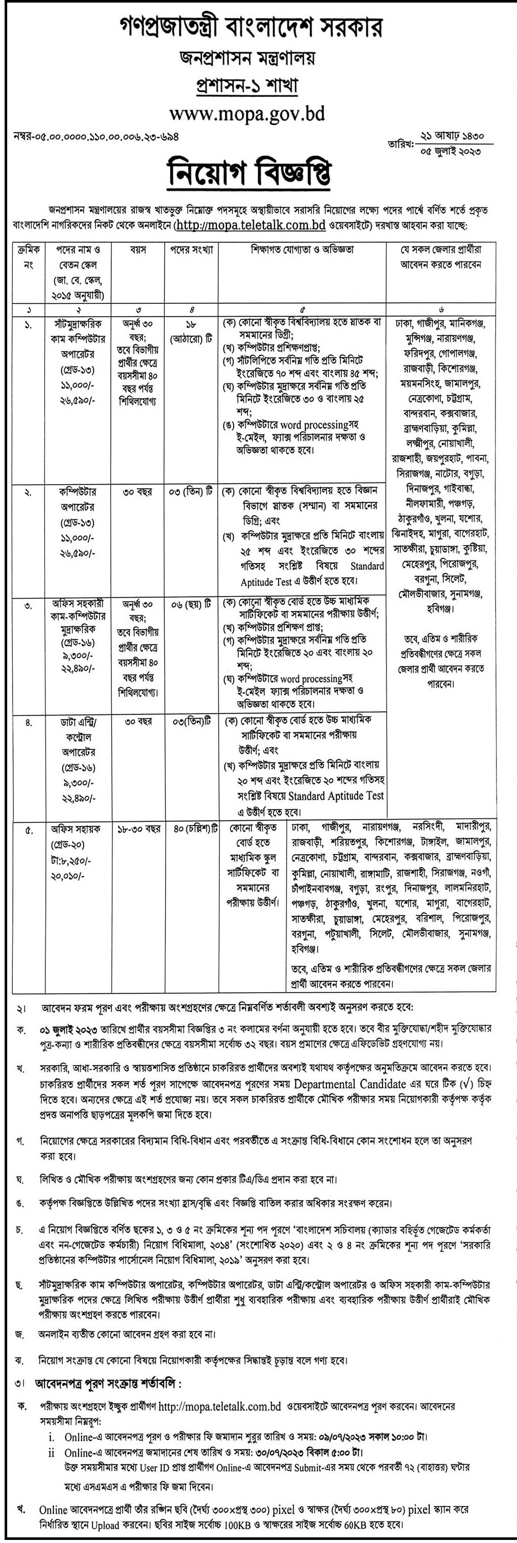 MOPA Job Circular 2023- mopa.teletalk.com.bd Apply Online