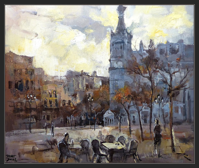 MADRID-PINTURA-HOTEL-PLAZA-SANTA ANA-HOTELES-ATARDECER-PAISAJES-URBANOS-CUADROS-ARTISTA-PINTOR-ERNEST DESCALS-