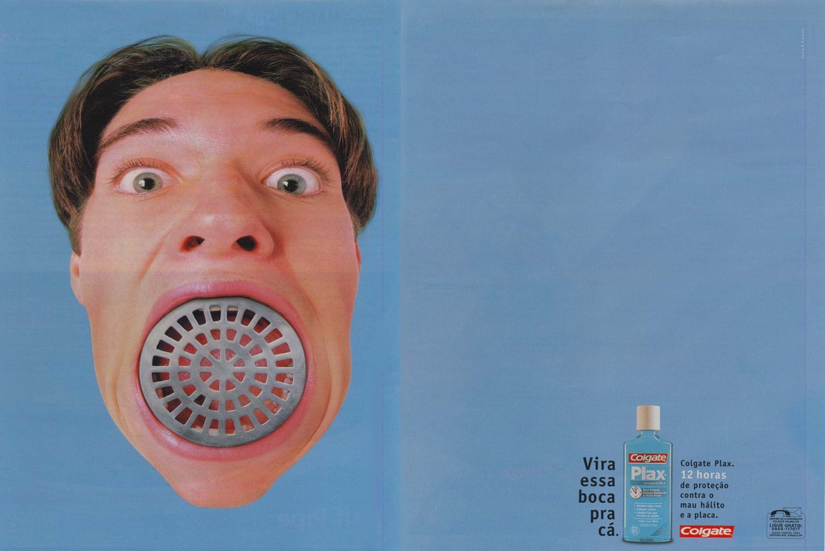 Anúncio veiculado em 1997 promovendo os benefícios do Colgate Plax