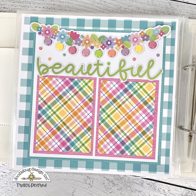 8x8 Spring scrapbook page layout with pretty flowers, colorful plaid paper, and enamel glitter dots