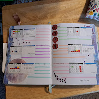 Book opened to a calendar page that includes a school calendar with star stickers, a moon background circle at the bottom left corner, and stickers that include the date, 2024. The calendars have pastel lines drawn next to them for appointments and notes about each month.
