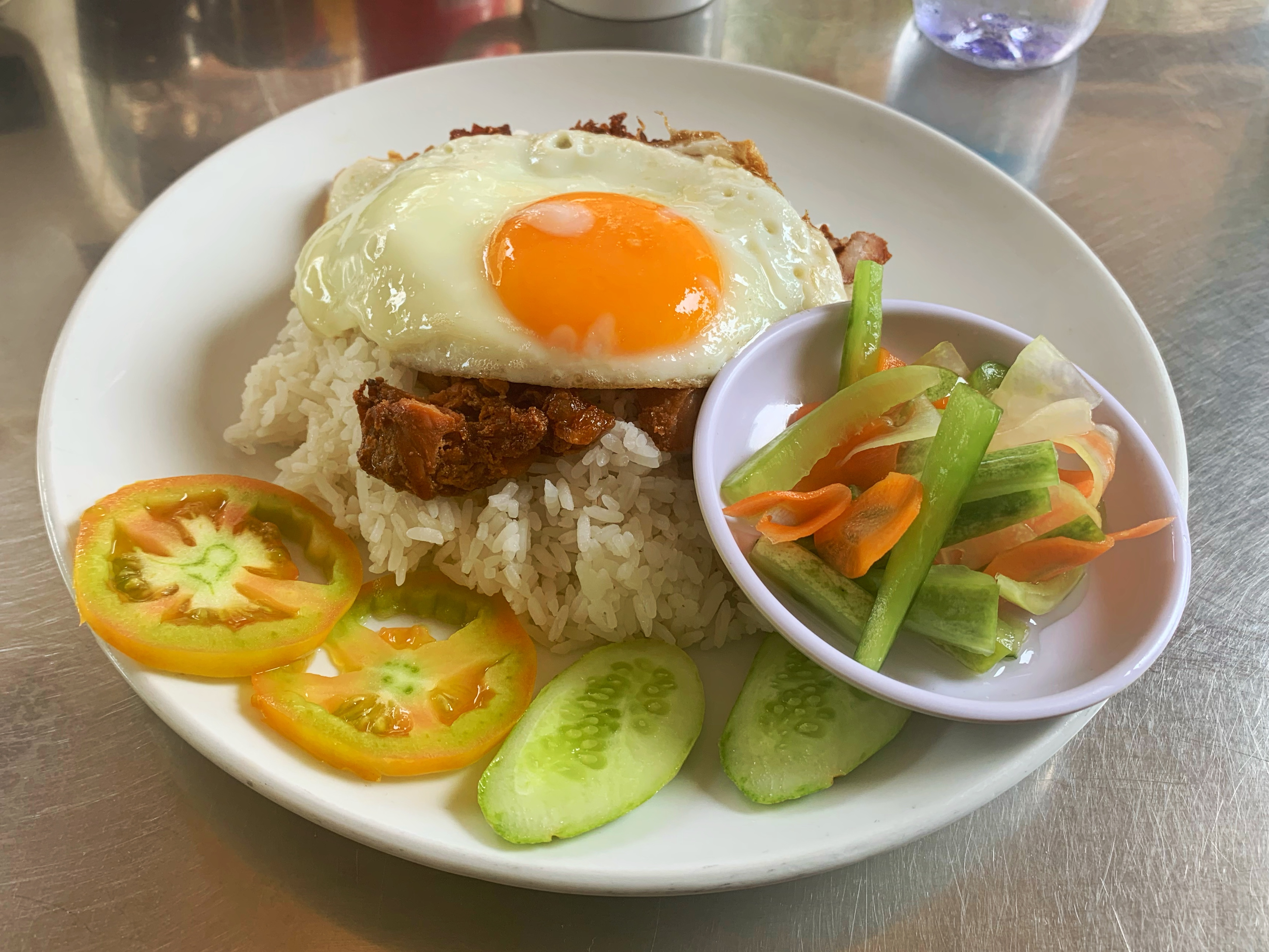 pork and rice with a fried egg in Phnom Penh, Cambodia