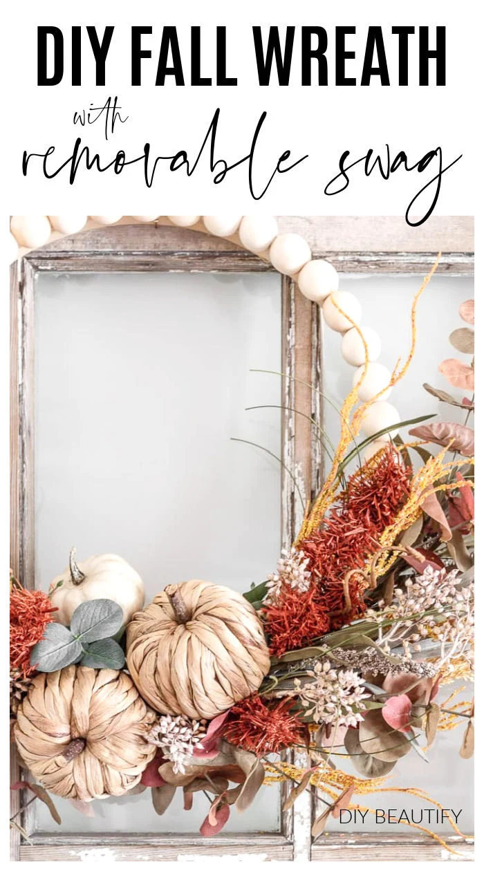 Fall wreath on beaded base with woven pumpkins and natural colored florals