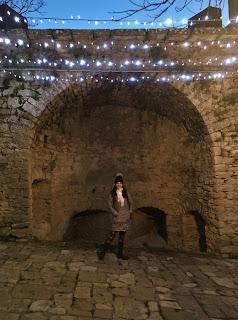 Original fortress walls of San Marino dressed in Christmas lights in San Marino, Italy