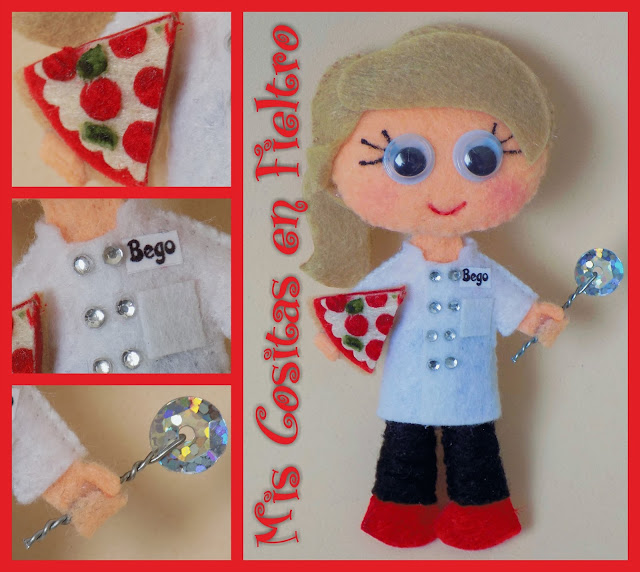 broche de fieltro, broche en fieltro, fieltro broche, broche, fieltro, felt, regalo, pin, Monigota, muñeca de fieltro, felt doll, pizza, pizzera, pizzero