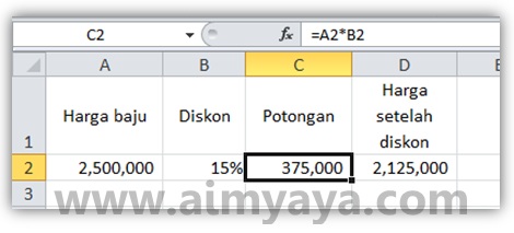  Gambar: Contoh perhitungan diskon (discount) di Microsoft Excel