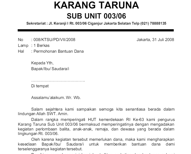 Contoh Surat Bantuan Dana Karang Taruna  Contoh Surat