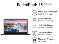 Spesifikasi laptop Xiaomi RedmiBook 15 Notebook – Dark Grey ( i3-1115G4 / 8GB / 512GB SSD / UMA / 15.6” FHD TN / Win10 )  Spesifikasi laptop Xiaomi RedmiBook 15 Notebook – Dark Grey ( i3-1115G4 / 8GB / 512GB SSD / UMA / 15.6” FHD TN / Win10 ). Xiaomi RedmiBook 15 hadir untuk penanganan tugas sehari-hari yang mulus. Dibekali dengan Intel® Core™ i3 generasi ke-11 terbaru, teknologi proses 10nm, 2-core/4-thread, frekuensi turbo maks. 4,1 GHz. GPU terintegrasi Intel® UHD Graphics, sebagai pemecahan masalah cepat dan efisien. Dipadukan dengan RAM DDR4 3200MHz 8GB yang mampu memberikan kecepatan dan pengalaman pengoperasian yang lancar. Tak hanya itu, Solid State Drive (SSD) 512GB yang disematkannya mampu melepaskan kekhawatiran penyimpanan dengan transfer data ultra-cepat.    15.6" FHD dengan Peredupan DC RedmiBook 15 juga dirancang dengan ukuran yang ideal untuk produktivitas yang lebih tinggi. Eksterior yang ringan dan tipis ini menjadikannya mudah dibawa ke kantor maupun saat Anda pergi. Sementara bagian layar anti-silau berukuran 15,6" full HD untuk resolusi lebih tinggi dan tampilan lebih jernih. Layar lebar untuk meningkatkan pengalaman selama bekerja. Mendukung peredupan DC, tanpa kerlip pada kecerahan rendah. Panel sentuh besar berukuran 126mm × 82,6mm pun akan semakin memudahkan dan meningkatkan produktivitas. Kapasitas baterai besar dengan 46Wh untuk lebih dari 10 jam waktu kerja. Dengan pengisian daya hingga 50% dalam 33 waktu menit.        Xiaomi Redmi Book 15 dibekali dengan teknologi proses Intel Core i3-1115G4 Generasi ke-11 terbaru, 2-core/4-thread, frekuensi maks 3,0 GHz. GPU Intel UHD Graphics, dapat menangani pekerjaan sehari-hari dengan lancar.    Xiaomi Redmi Book 15 memiliki RAM DDR4 3200MHz 8GB tinggi memori kecepatan memberikan pengalaman pengoperasian yang lancar. Solid State Drive (SSD) 512GB melepaskan kekhawatiran penyimpanan dengan transfer data ultra-cepat.    Xiaomi Redmi Book 15 memiliki desain Sangat Produktif dalam setiap detail untuk konsumen. menggunakan panel 15,6 inci dengan layar anti-silau FHD 1920*1080p, ukuran paling produktif untuk kerja laptop. Panel mendukung Peredupan DC, untuk mencapai bebas kedipan pada kecerahan rendah.    Xiaomi Redmi Book 15 Saklar Mode Pengoperasian: Beralih antara mode Senyap/Seimbang dengan Tombol kombinasi Fn+K. Waktu kerja lebih dari 10 jam berkat kapasitas baterai besar 46Whr.  Xiaomi Redmi Book 15 dilengkapi dengan kamera HD 720p dan speaker 2*2W dengan penyetelan DTS untuk panggilan video.    Xiaomi Redmi Book 15 menggunakan Panel sentuh ukuran besar 126mm*82,6mm yang mendukung Microsoft PTP Clickpad untuk penggunaan produktif. Dapat diakses untuk koneksi Wifi dan Bluetooth.  Xiaomi Redmi Book 15 sudah menggunakan Microsoft Windows 10 Home berlisensi resmi dengan OTA seumur hidup.  Performa untuk produktivitas Dapatkan respons cepat dari semua program untuk mempercepat pekerjaan Anda. 	 Prosesor Intel® Core™ i3 Generasi ke-11  “Prosesor Intel® Core™ Generasi ke-11 menawarkan performa lebih hebat, masa pakai baterai lebih lama, serta pengenalan teknologi Thunderbolt™ 4 dan Intel® Wi-Fi 6.”    Spesifikasi Detail OS Windows 10 Display 15.6” FHD, 16:9 rasio, 1920*1080p FHD, dengan Peredupan DC Prosessor Intel Detail Prosessor Intel® Core™ i3-1115G4 (3,0 GHz, 2 Core, 4 Thread, 6MB Cache) Generasi ke-11 Memory 8GB DDR4 3200MHz Tipe Grafis Intel® UHD Graphics Resolusi Layar 1920 x 1080 Tipe Layar FHD Touchscreen Tidak Audio Speaker (Output Suara): Speaker stereo 2 W + 2 W HDD 512GB SSD Networking Wifi + Bluetooth Wireless Ada Wireless Protocol Type Wi-Fi 5 2.4Ghz/5GHz Bluetooth Bluetooth 5.0 Interface HDMI 1.4 *1, USB-A 3.2 gen1 * 2, USB-A 2.0*1, Mic-in & Head Phone *1, Lan RJ45*1, Pembaca Kartu *1 (mendukung SD 3.0), Kingston lock Konsumsi Daya 65W Baterai Baterai 46Whr, adaptor 65W Dimensi Produk 363.8 x 243.5 x 19.9mm Berat 1.8kg Kelengkapan Paket Laptop, Adaptor, Kabel Listrik, Buku Panduan, Kartu Garansi Brand Xiaomi Kode SKU BLL-60036-01630 Kode Produk MTA-24116935 Kode EAN 6934177767425Spesifikasi laptop Xiaomi RedmiBook 15 Notebook – Dark Grey ( i3-1115G4 / 8GB / 512GB SSD / UMA / 15.6” FHD TN / Win10 )  Spesifikasi laptop Xiaomi RedmiBook 15 Notebook – Dark Grey ( i3-1115G4 / 8GB / 512GB SSD / UMA / 15.6” FHD TN / Win10 ). Xiaomi RedmiBook 15 hadir untuk penanganan tugas sehari-hari yang mulus. Dibekali dengan Intel® Core™ i3 generasi ke-11 terbaru, teknologi proses 10nm, 2-core/4-thread, frekuensi turbo maks. 4,1 GHz. GPU terintegrasi Intel® UHD Graphics, sebagai pemecahan masalah cepat dan efisien. Dipadukan dengan RAM DDR4 3200MHz 8GB yang mampu memberikan kecepatan dan pengalaman pengoperasian yang lancar. Tak hanya itu, Solid State Drive (SSD) 512GB yang disematkannya mampu melepaskan kekhawatiran penyimpanan dengan transfer data ultra-cepat.    15.6" FHD dengan Peredupan DC RedmiBook 15 juga dirancang dengan ukuran yang ideal untuk produktivitas yang lebih tinggi. Eksterior yang ringan dan tipis ini menjadikannya mudah dibawa ke kantor maupun saat Anda pergi. Sementara bagian layar anti-silau berukuran 15,6" full HD untuk resolusi lebih tinggi dan tampilan lebih jernih. Layar lebar untuk meningkatkan pengalaman selama bekerja. Mendukung peredupan DC, tanpa kerlip pada kecerahan rendah. Panel sentuh besar berukuran 126mm × 82,6mm pun akan semakin memudahkan dan meningkatkan produktivitas. Kapasitas baterai besar dengan 46Wh untuk lebih dari 10 jam waktu kerja. Dengan pengisian daya hingga 50% dalam 33 waktu menit.        Xiaomi Redmi Book 15 dibekali dengan teknologi proses Intel Core i3-1115G4 Generasi ke-11 terbaru, 2-core/4-thread, frekuensi maks 3,0 GHz. GPU Intel UHD Graphics, dapat menangani pekerjaan sehari-hari dengan lancar.    Xiaomi Redmi Book 15 memiliki RAM DDR4 3200MHz 8GB tinggi memori kecepatan memberikan pengalaman pengoperasian yang lancar. Solid State Drive (SSD) 512GB melepaskan kekhawatiran penyimpanan dengan transfer data ultra-cepat.    Xiaomi Redmi Book 15 memiliki desain Sangat Produktif dalam setiap detail untuk konsumen. menggunakan panel 15,6 inci dengan layar anti-silau FHD 1920*1080p, ukuran paling produktif untuk kerja laptop. Panel mendukung Peredupan DC, untuk mencapai bebas kedipan pada kecerahan rendah.    Xiaomi Redmi Book 15 Saklar Mode Pengoperasian: Beralih antara mode Senyap/Seimbang dengan Tombol kombinasi Fn+K. Waktu kerja lebih dari 10 jam berkat kapasitas baterai besar 46Whr.  Xiaomi Redmi Book 15 dilengkapi dengan kamera HD 720p dan speaker 2*2W dengan penyetelan DTS untuk panggilan video.    Xiaomi Redmi Book 15 menggunakan Panel sentuh ukuran besar 126mm*82,6mm yang mendukung Microsoft PTP Clickpad untuk penggunaan produktif. Dapat diakses untuk koneksi Wifi dan Bluetooth.  Xiaomi Redmi Book 15 sudah menggunakan Microsoft Windows 10 Home berlisensi resmi dengan OTA seumur hidup.  Performa untuk produktivitas Dapatkan respons cepat dari semua program untuk mempercepat pekerjaan Anda. 	 Prosesor Intel® Core™ i3 Generasi ke-11  “Prosesor Intel® Core™ Generasi ke-11 menawarkan performa lebih hebat, masa pakai baterai lebih lama, serta pengenalan teknologi Thunderbolt™ 4 dan Intel® Wi-Fi 6.”    Spesifikasi Detail OS Windows 10 Display 15.6” FHD, 16:9 rasio, 1920*1080p FHD, dengan Peredupan DC Prosessor Intel Detail Prosessor Intel® Core™ i3-1115G4 (3,0 GHz, 2 Core, 4 Thread, 6MB Cache) Generasi ke-11 Memory 8GB DDR4 3200MHz Tipe Grafis Intel® UHD Graphics Resolusi Layar 1920 x 1080 Tipe Layar FHD Touchscreen Tidak Audio Speaker (Output Suara): Speaker stereo 2 W + 2 W HDD 512GB SSD Networking Wifi + Bluetooth Wireless Ada Wireless Protocol Type Wi-Fi 5 2.4Ghz/5GHz Bluetooth Bluetooth 5.0 Interface HDMI 1.4 *1, USB-A 3.2 gen1 * 2, USB-A 2.0*1, Mic-in & Head Phone *1, Lan RJ45*1, Pembaca Kartu *1 (mendukung SD 3.0), Kingston lock Konsumsi Daya 65W Baterai Baterai 46Whr, adaptor 65W Dimensi Produk 363.8 x 243.5 x 19.9mm Berat 1.8kg Kelengkapan Paket Laptop, Adaptor, Kabel Listrik, Buku Panduan, Kartu Garansi Brand Xiaomi Kode SKU BLL-60036-01630 Kode Produk MTA-24116935 Kode EAN 6934177767425