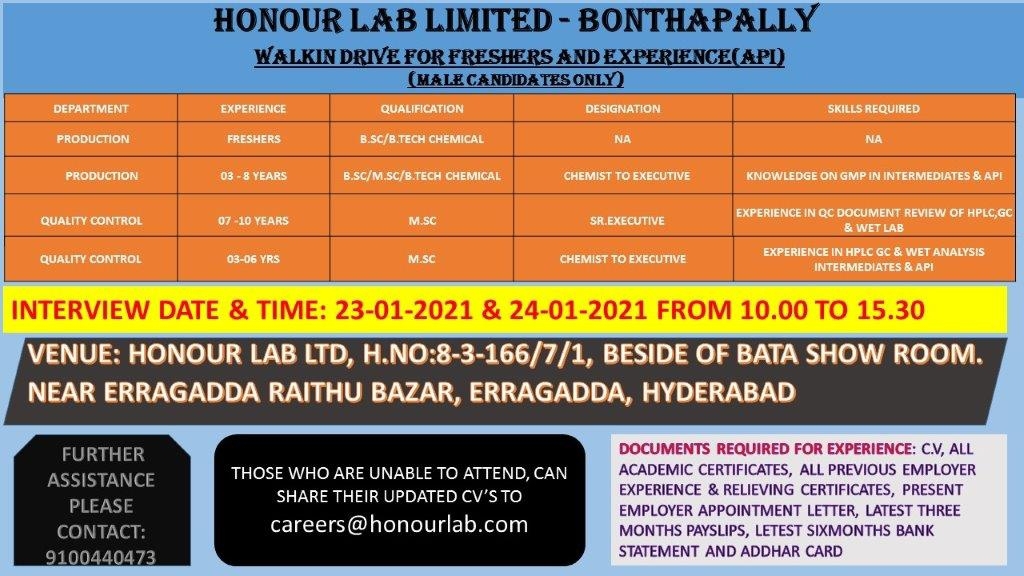 Job Availables, Honour Lab Ltd Interview For Freshers & Experienced Msc/ Bsc/ B.Tech Chemical - QC/ Production Dept