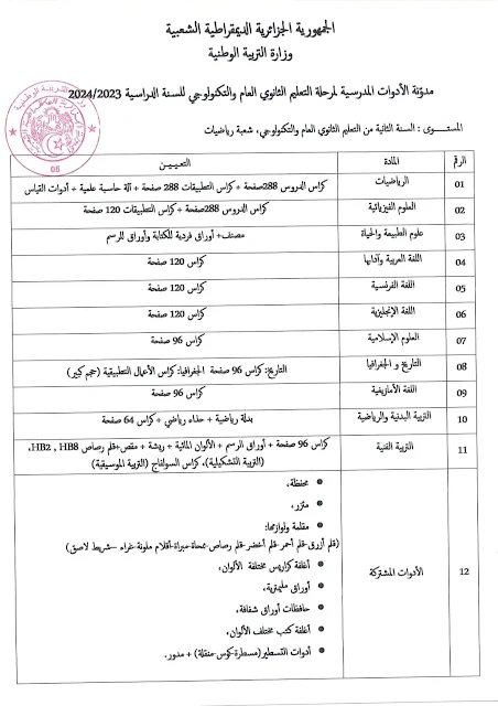 قائمة الأدوات المدرسية لمرحلة التعليم الثانوي للسنة الدراسية 2024/2023