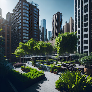 Urbaner Garten auf Dach mit sonnigem Hintergrund