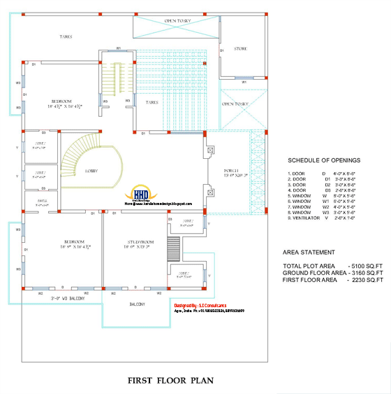 First floor plan of Indian home design - 5100 Sq. Ft. (474 Sq.M.) (567 Square Yards) - April 2012