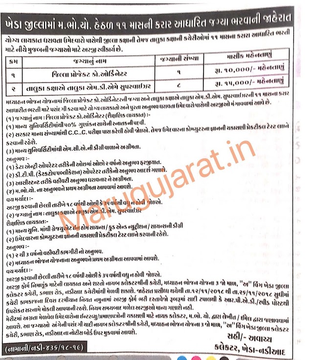 Mid Day Meal Project, Kheda Recruitment for District Project Co-ordinator & Taluka M.D.M. Supervisor Post 2018