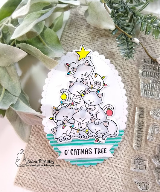 Cat Christmas Card by Diane Morales | Cat Christmas Tree Stamp Set, Oval Frames Die Set and Banner Duo Die Set by Newton's Nook Designs