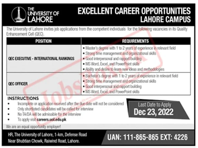 University of Lahore Teaching Jobs 2022