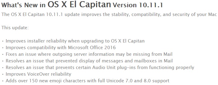 Mac OS X El Capitan 10.11.1 Changelog