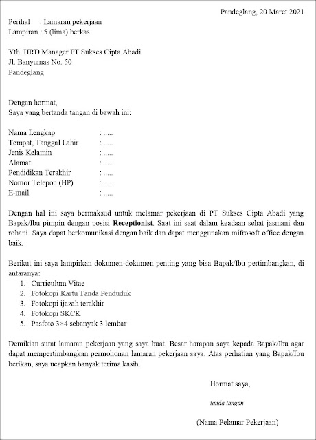 Contoh Surat Lamaran Kerja Untuk Receptionist Fresh Graduate Tanpakoma