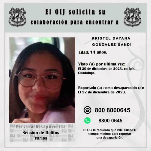 OIJ hace un llamado a la ciudadanía para localizar a Kristel Dayana González Sandí, desaparecida desde el 20 de diciembre