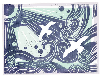 Lino print of 3 seagulls in blue