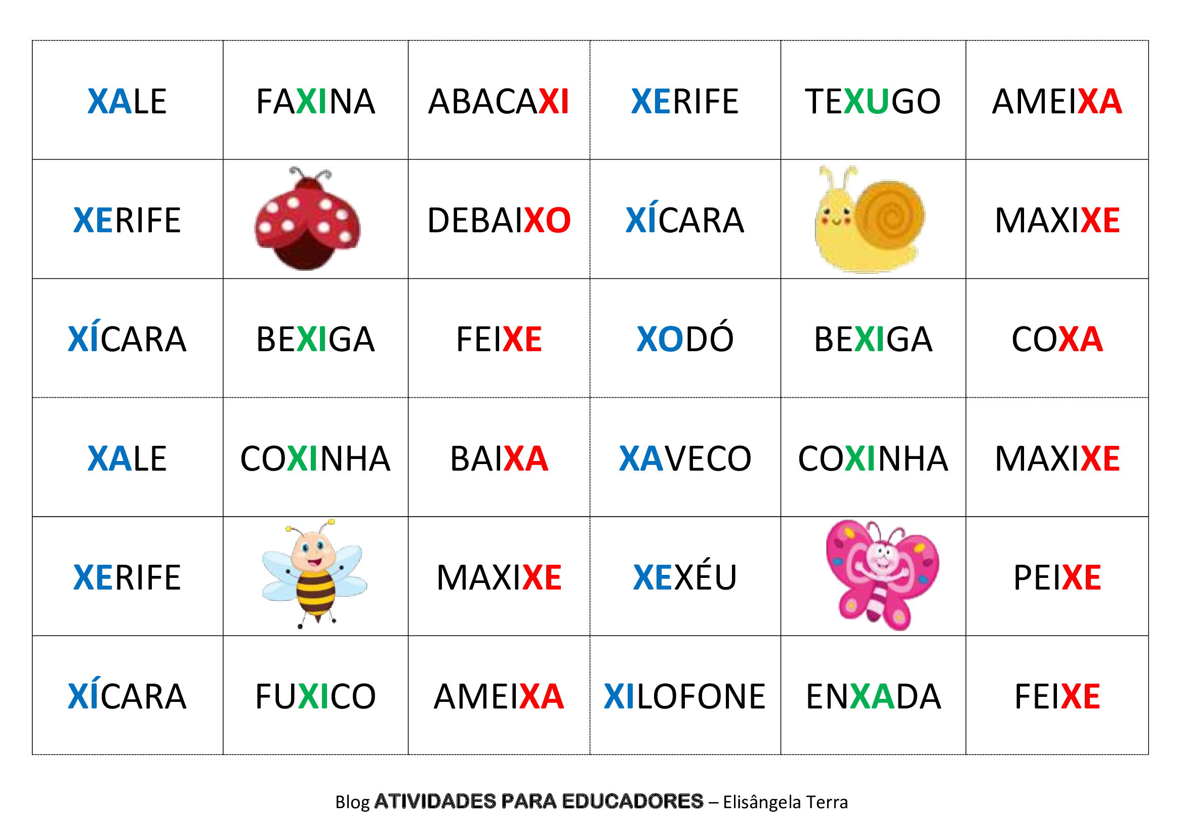 Bingo da letra X - cartelas