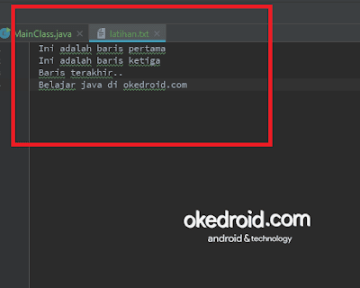 Output Hasil contoh code program menulis mengisi data stream isi file format txt-notepad di dengan bufferedwriter java