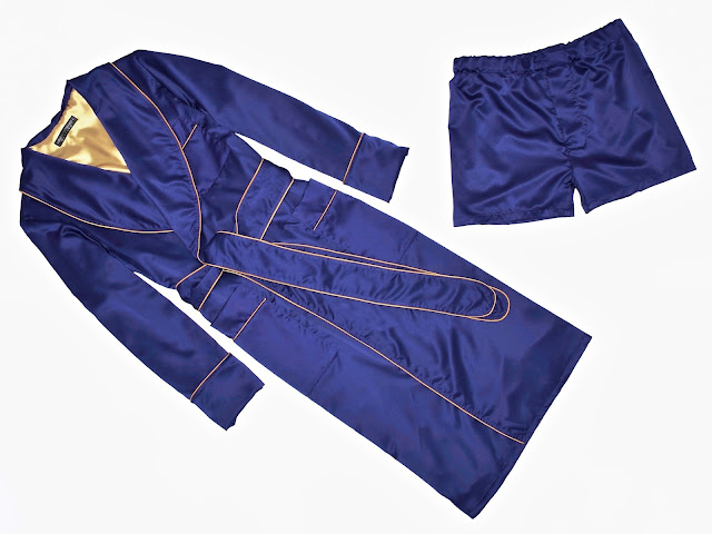 mens dark blue silk dressing gown robe boxer shorts smoking jacket pajamas set