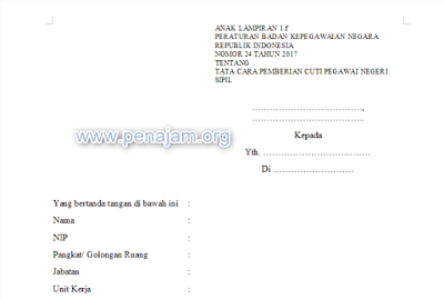 Unduh lampiran 1f PerBKN 24 Tahun 2017 Contoh Surat Permintaan Perpanjangan Cuti diluar tanggungan Negara