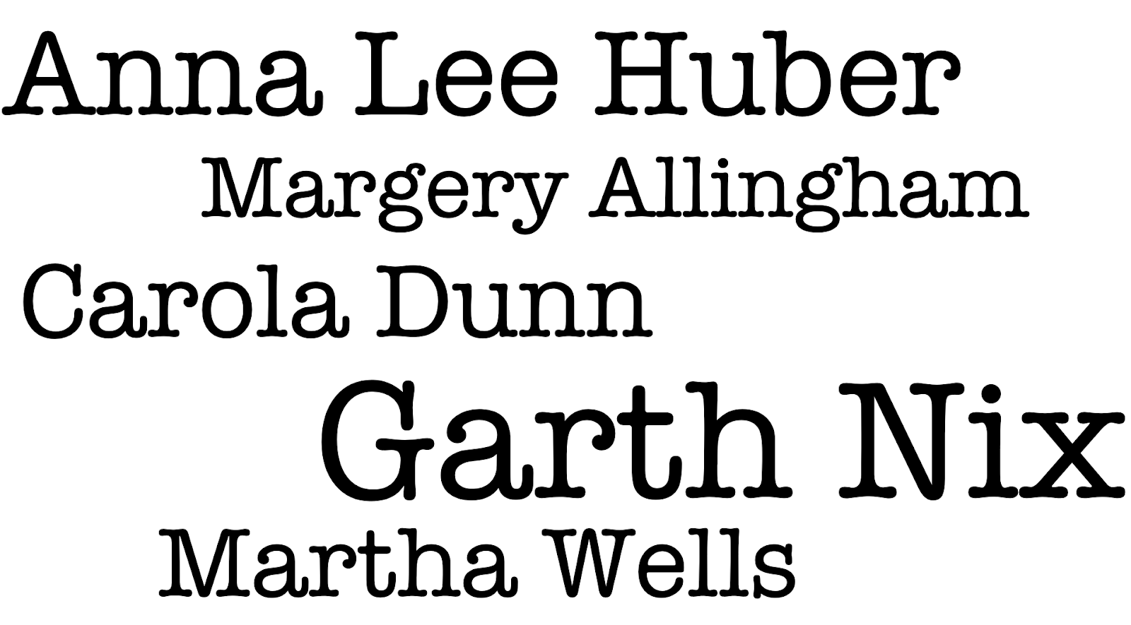 Word cloud of the authors I read in September, with the size based on the number of words read. Carola Dunn is in the middle in a medium font, Margery Allingham is above and a little smaller and Anna Lee Huber is above that in a larger font, Garth Nix is below Dunn in the largest font and Martha Wells is below in the smallest font.