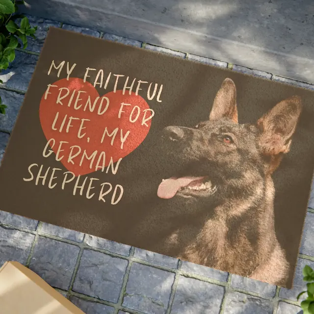 Doormat With A Huge Dark Sable Athletic Build Working Line German Shepherd and Caption My Faithful Friend For Life