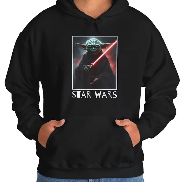 A Hoodie With Star Wars Yoda Holding Red Blade Reddish Light On Body and Text Star Wars